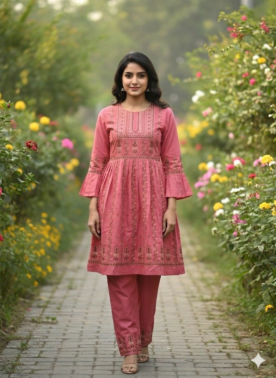 Summer Bloom: Hand-Embroidered Cotton 2-Piece Suits