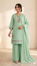 Embroidered Cotton 3-Piece Suit with Wide-Leg Trousers