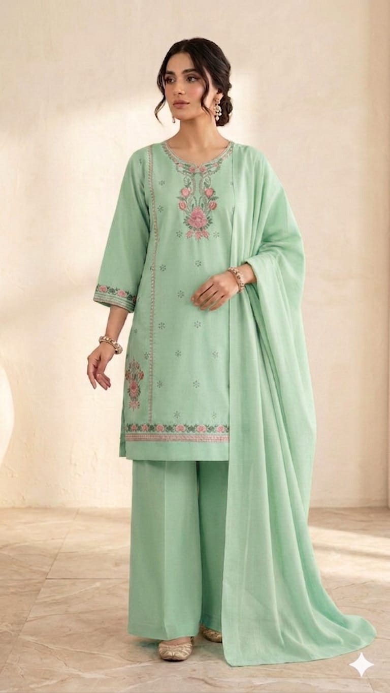 Embroidered Cotton 3-Piece Suit with Wide-Leg Trousers