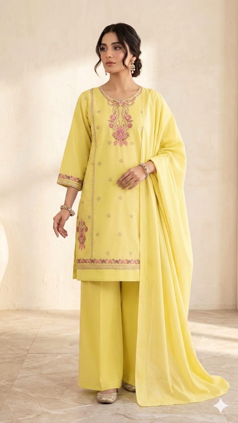 Embroidered Cotton 3-Piece Suit with Wide-Leg Trousers