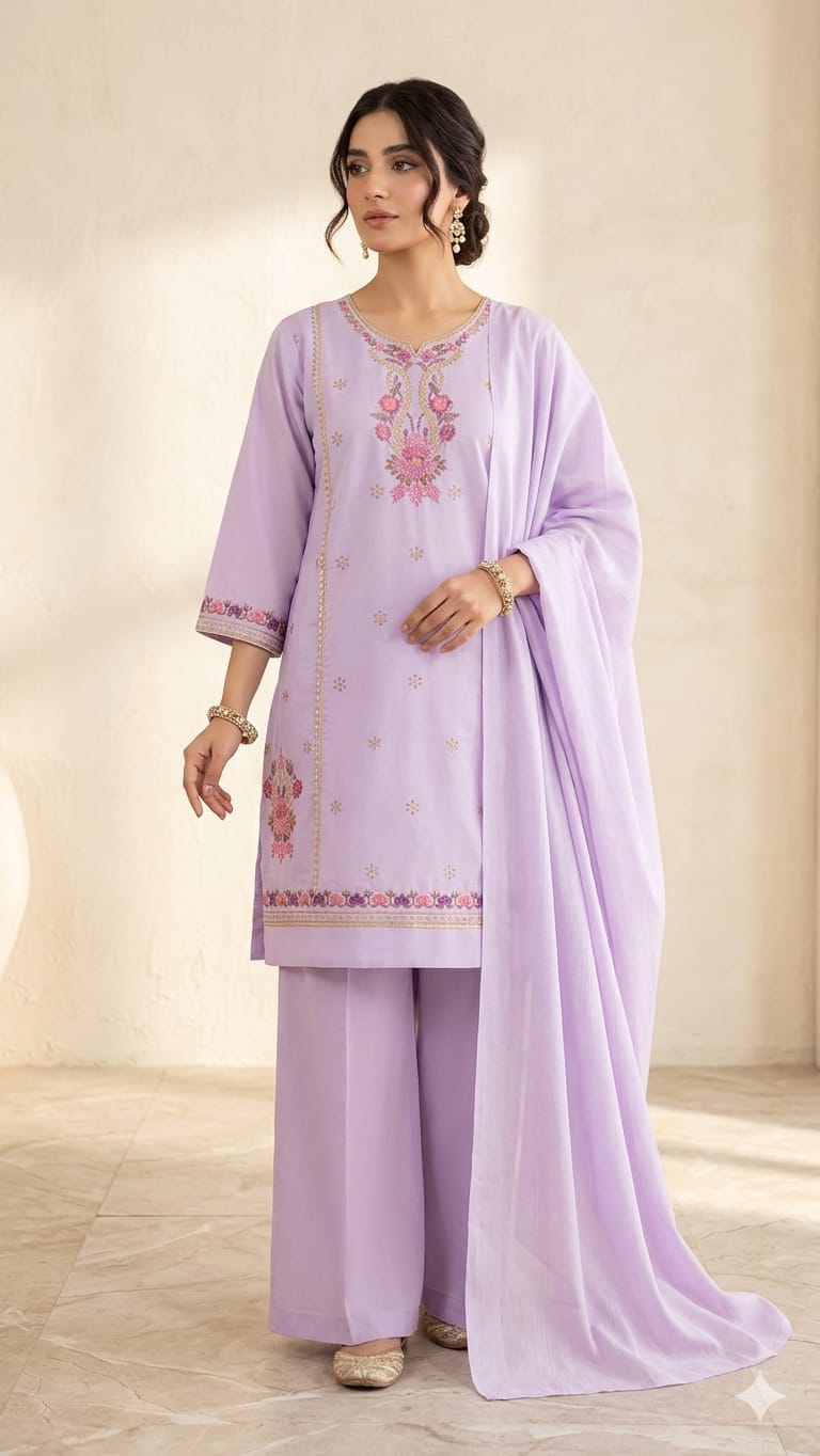Embroidered Cotton 3-Piece Suit with Wide-Leg Trousers
