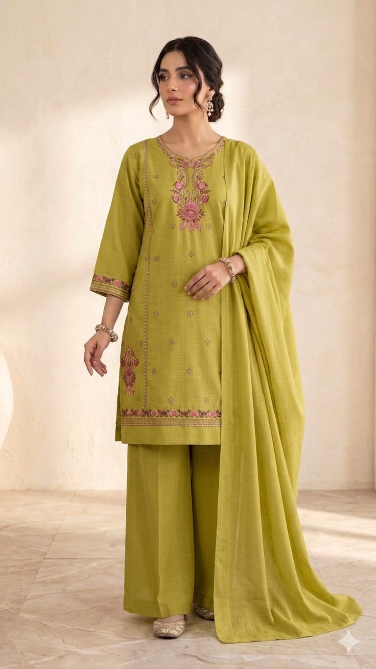 Embroidered Cotton 3-Piece Suit with Wide-Leg Trousers