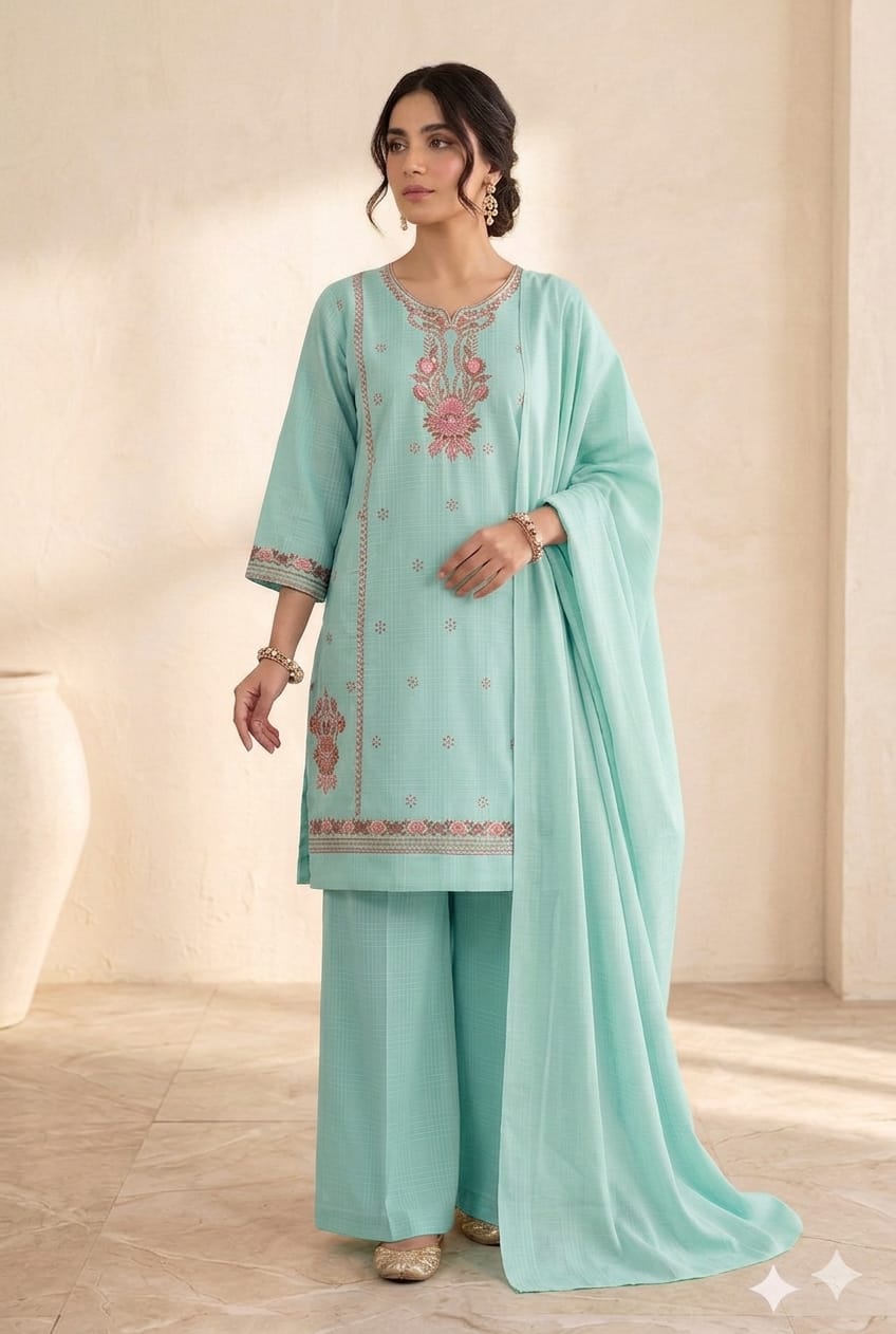 Embroidered Cotton 3-Piece Suit with Wide-Leg Trousers