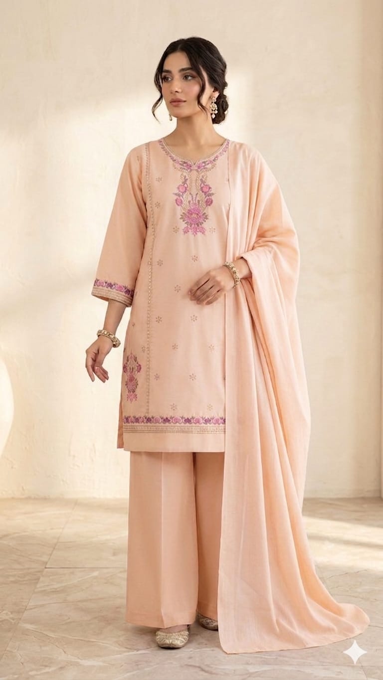 Embroidered Cotton 3-Piece Suit with Wide-Leg Trousers