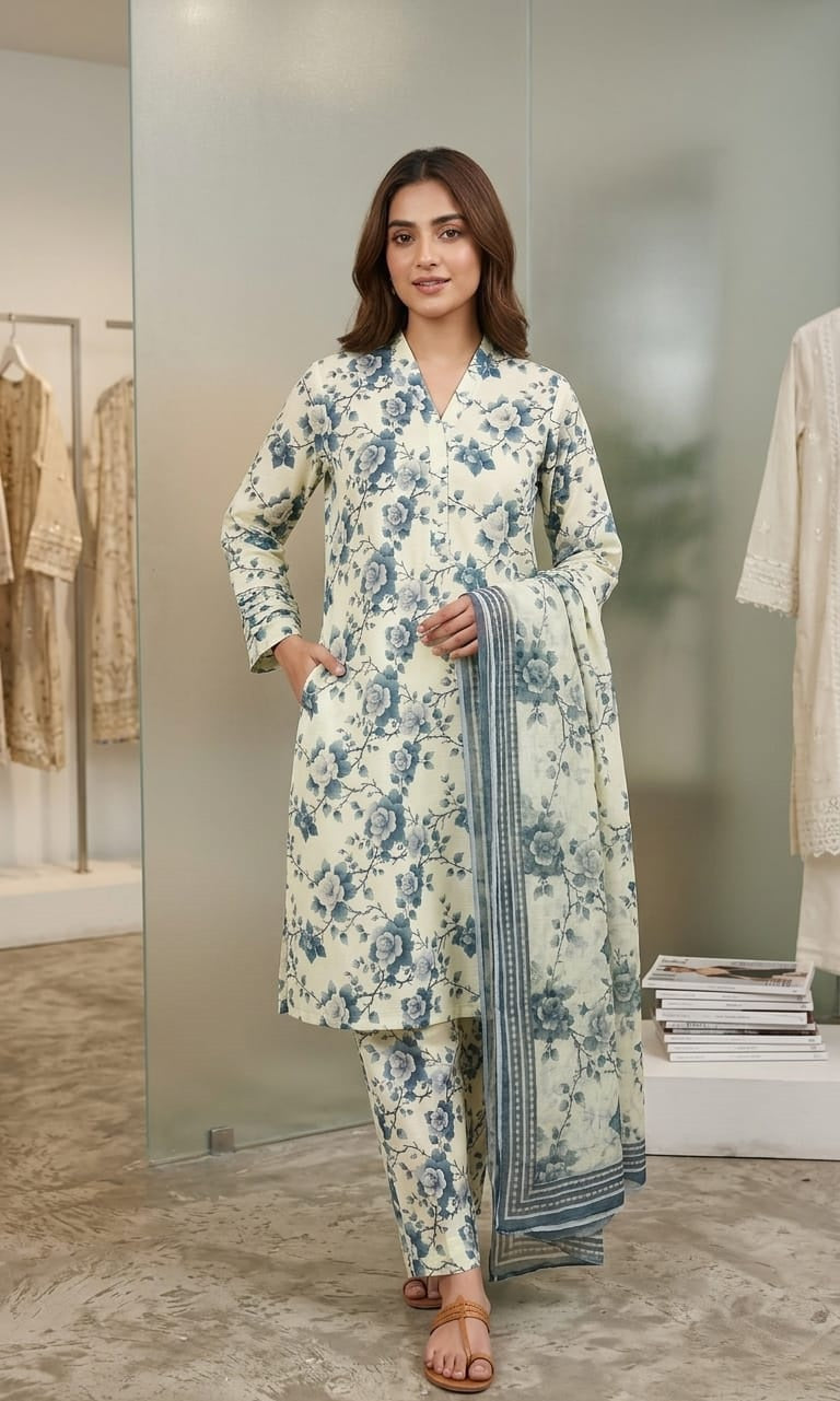 Vintage Blue Floral Printed 3-Piece suit with Matching Dupatta