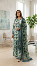 Blue Ethnic Geometric Print 3-Piece Suit with Matching Dupatta