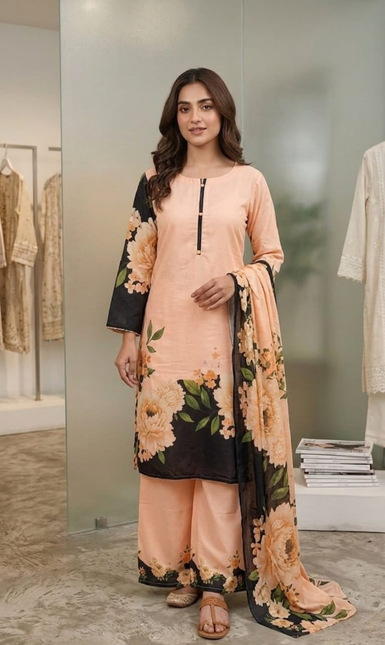 Peach & Black Large Floral Print 3-Piece Stitched Banadora Suite