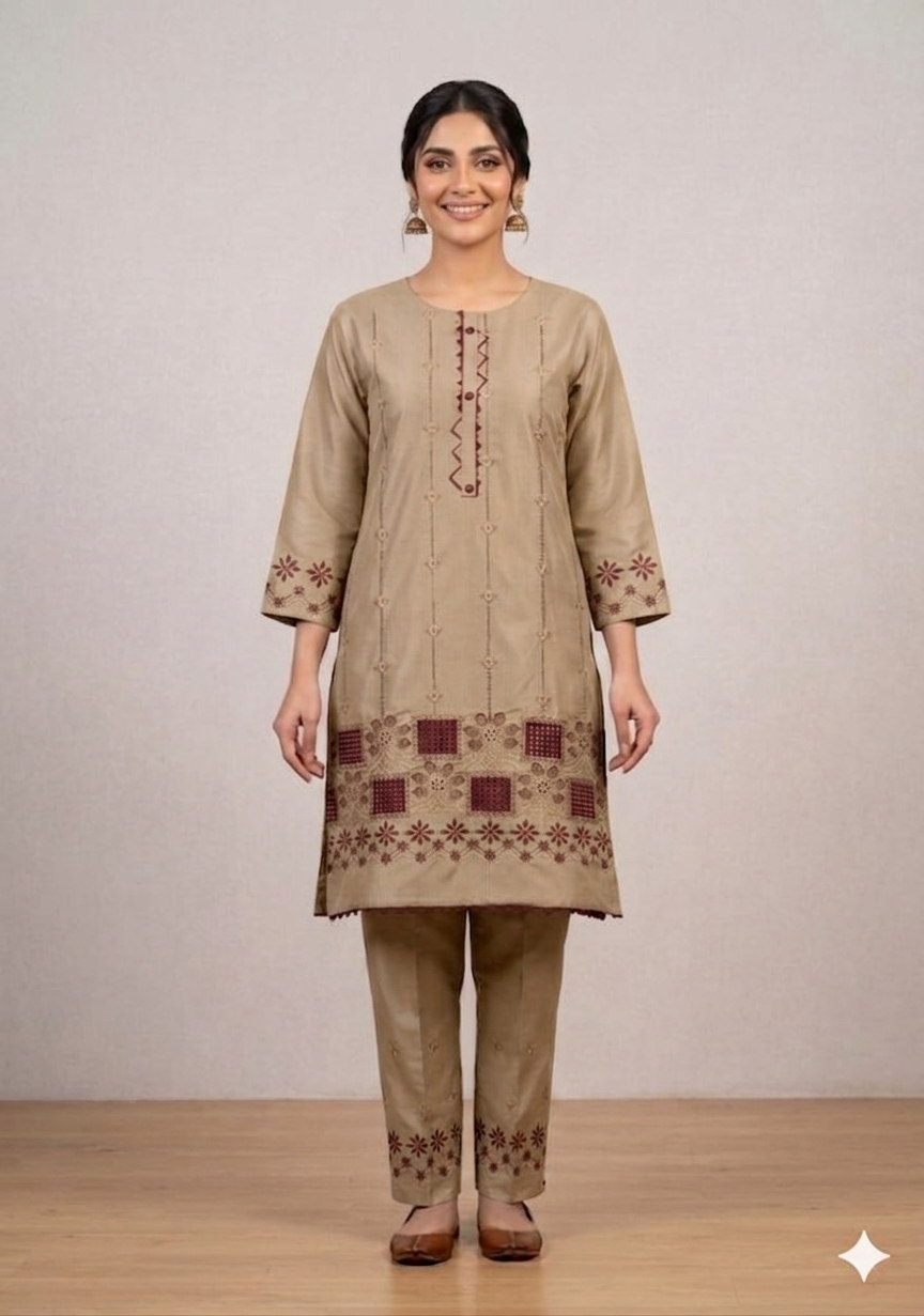 Ethnic Floral Embroidered Kurta & Trouser Set