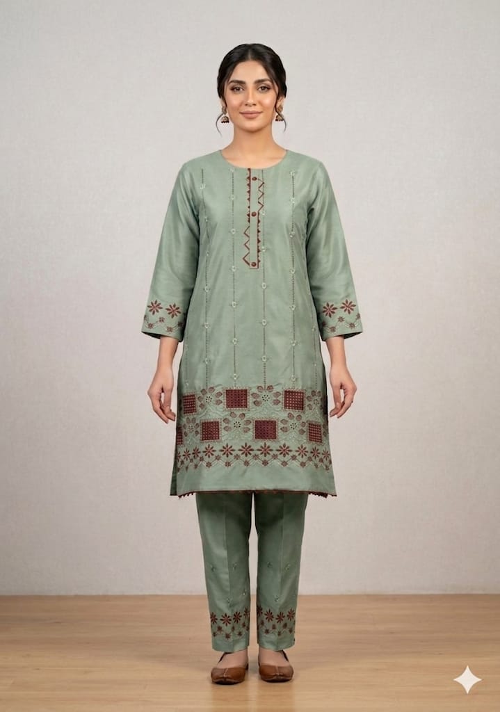 Ethnic Floral Embroidered Kurta & Trouser Set