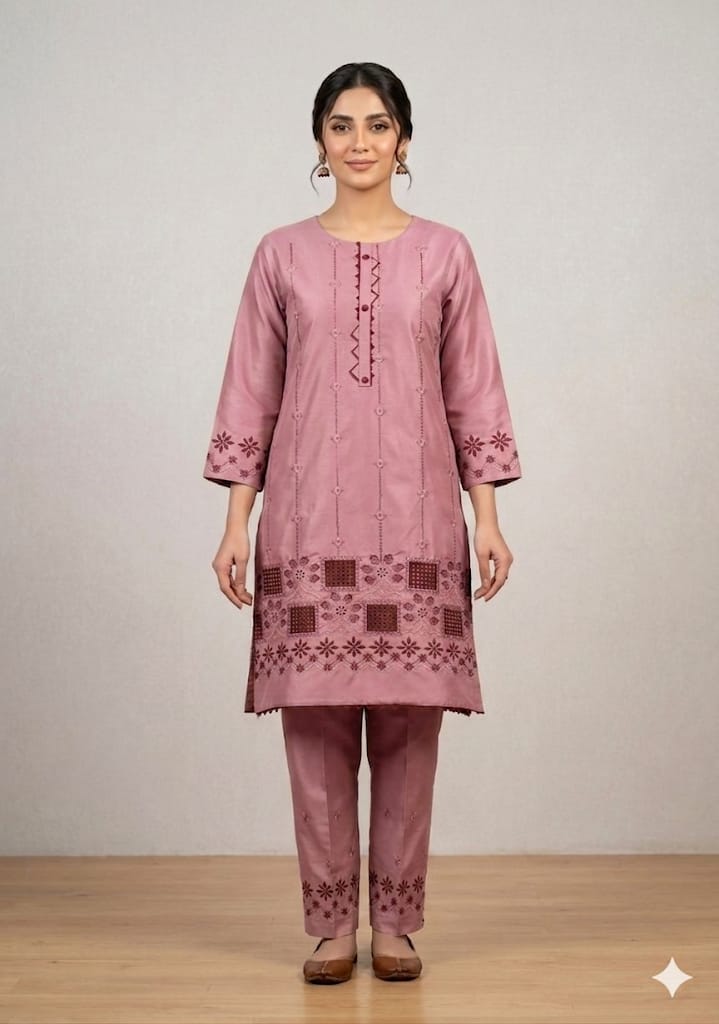 Ethnic Floral Embroidered Kurta & Trouser Set