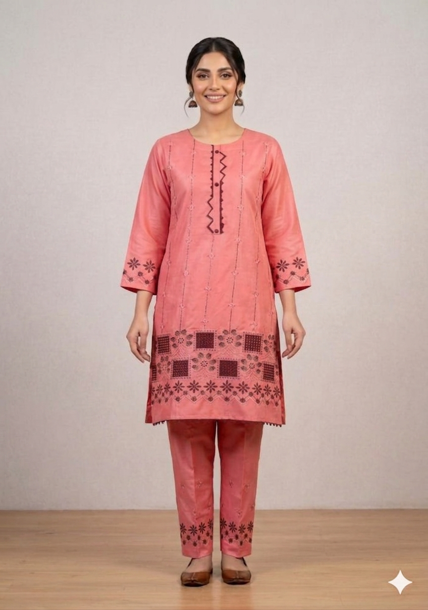 Ethnic Floral Embroidered Kurta & Trouser Set