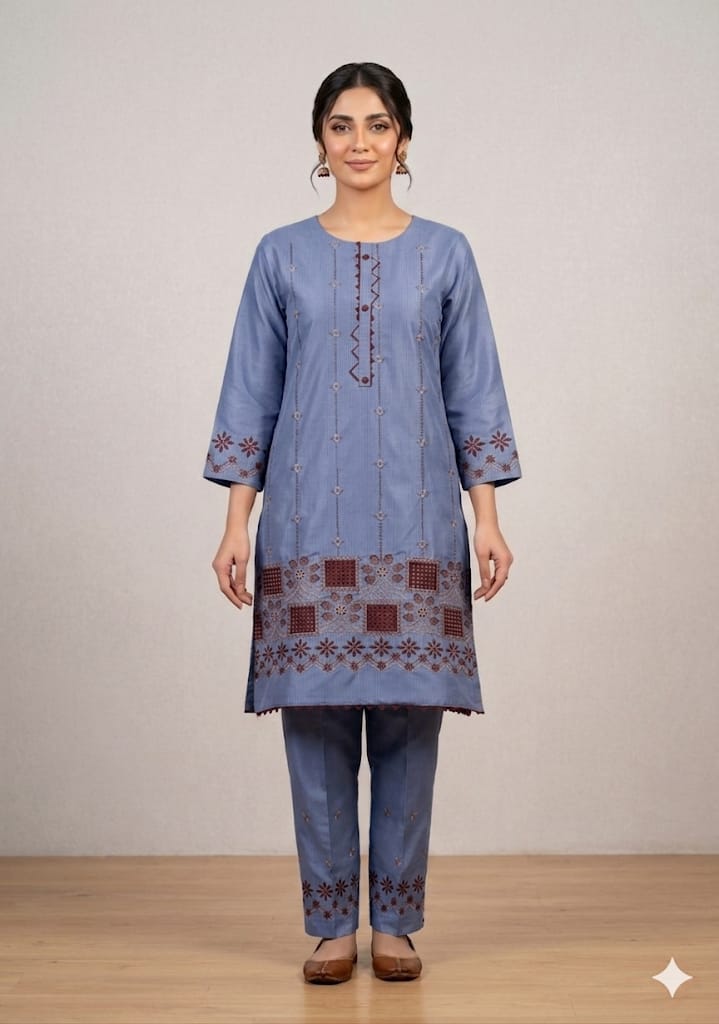 Ethnic Floral Embroidered Kurta & Trouser Set